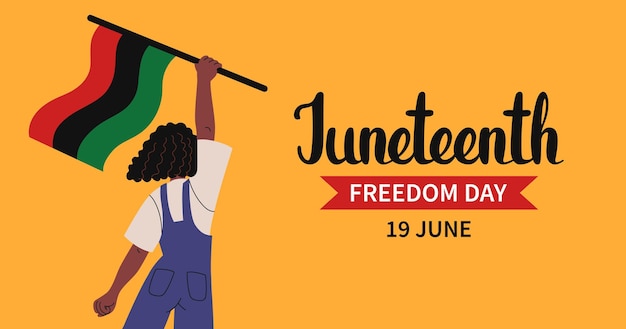 Juneteenth freedom day web banner AfricanAmerican woman with Pan African flag Holiday Background