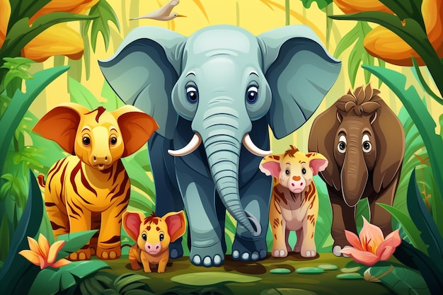 Vector jungle animal family cartoon characters