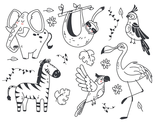 Jungle cute animal line art sketch outline africa isolated design element illustration set