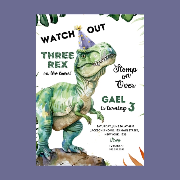 Vector jungle dinosaur threerex birthday invitation