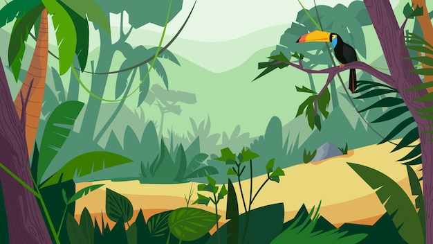 Jungle forest view, banner in flat cartoon design. Scenery with green tropical trees, plants and shrubs, toucan sits on branch. Wildlife panoramic with landscape. Vector illustration of web background