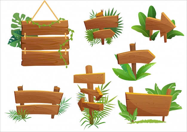 Jungle rainforest wood sign with tropical leaves with space for text. Cartoon game illustration.