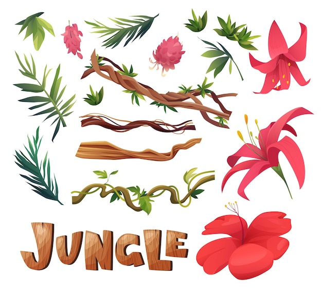 Jungle tropical plants and exotic flowers Cartoon vector illustration