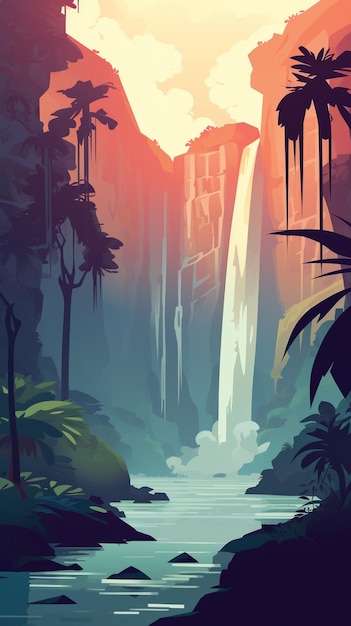 Vector jungle waterfall during summer 3