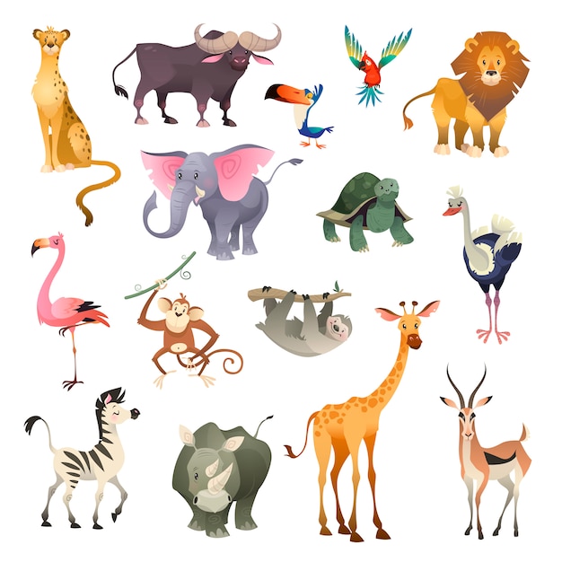 Jungle wild animals. Savannah forest animal bird safari nature africa tropical exotic forest marine mammals, cartoon set