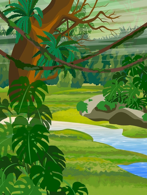 Vector jungle with a river tropical trees creepers and epiphytic ferns of south american rainforests