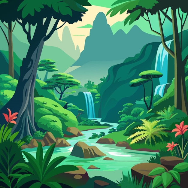 a jungle with a waterfall and trees