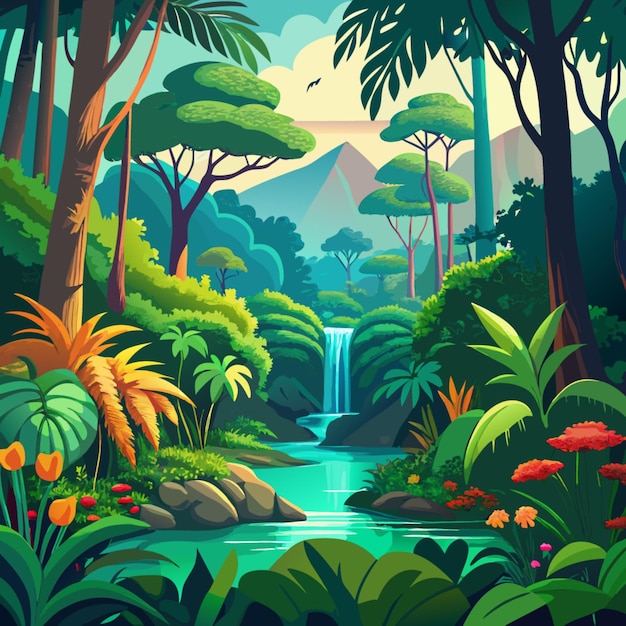 Vector a jungle with a waterfall and a waterfall