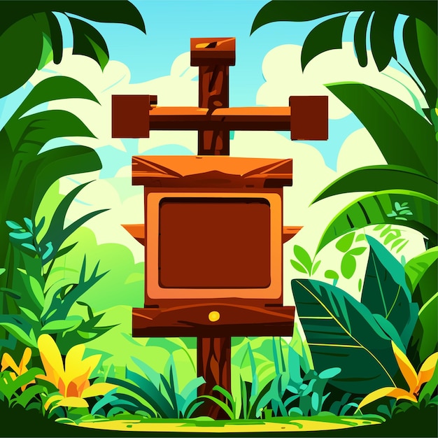 Jungle wooden sign board with toucan and stones green grass and liana vines cartoon tropical forest