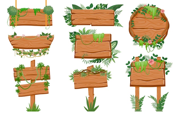 Jungle wooden signboards. Wood board with tropic leaves, moss and liana plants for game ui. Cartoon road signs on rope vector set. Jungle wood banner,, wooden pointing in green leaves illustration