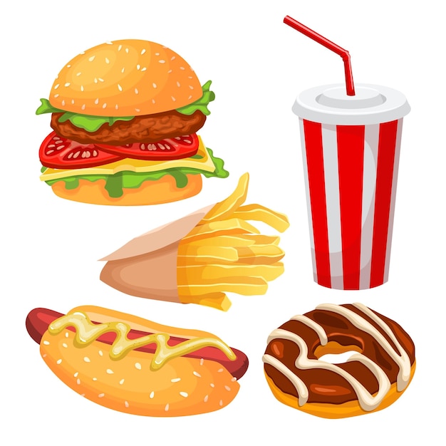 Junk fast food unhealthy set cartoon vector illustration