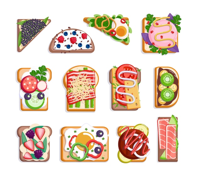 Junk nourishment sandwich toast menu calorie fast food set. Toasted loaf with meat, salami sausage, fried or boiled egg, appetizing fruit and vegetable vector illustration isolated on white background