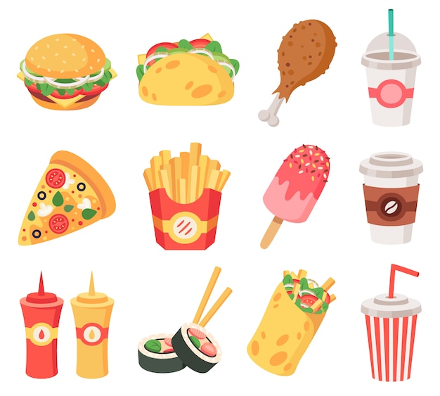 Junk street food. Fast food, doodle takeaway food and snacks, french fries, coffee, pizza. High calorie junk food   icons set. Pizza and burrito hamburger, soda fastfood illustration