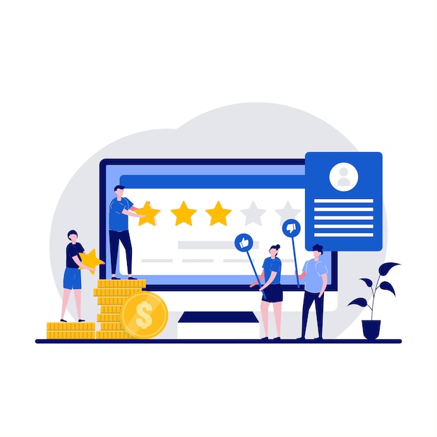 Jury voting social satisfaction poll with people holding stars signs likes and dislikes in flat design