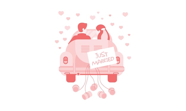 Just married bride and groom in car wedding invitation greeting card banner poster vector Illustration web design