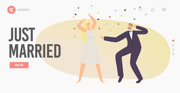 Just Married Bride and Groom Characters Dance Landing Page Template. Couple Perform Wedding Dancing during Celebration. Marriage Ceremony, Husband and Wife Fun. Cartoon People Vector Illustration