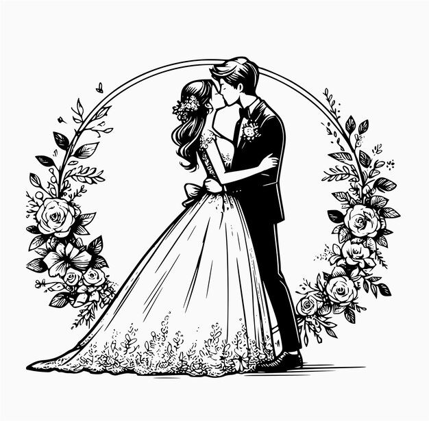 Vector just married bride and groom in a floral frame