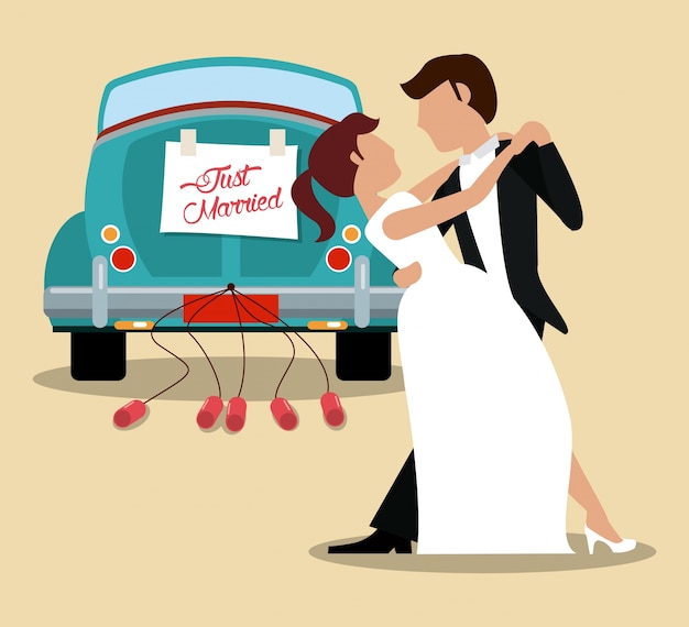 Vector just married couple dancing and car 