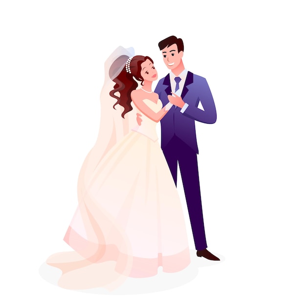 just married happy man woman characters standing together, cute romantic bride and groom on wedding