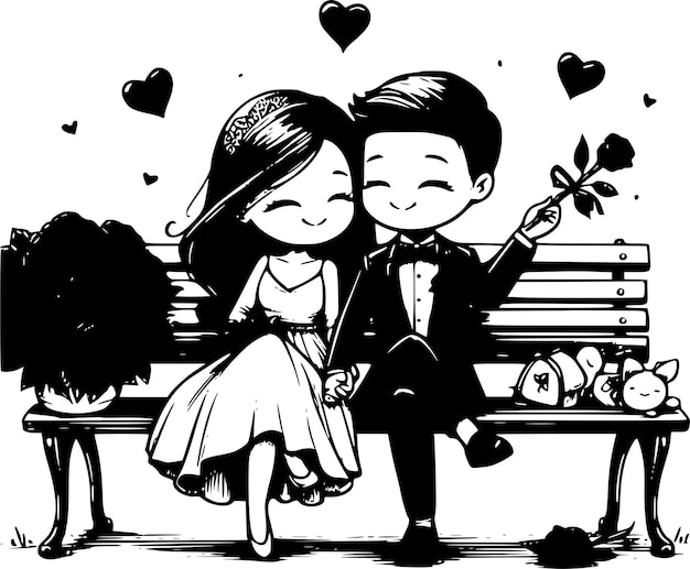 Just Married Sitting on the Bench A Sweet Cartoon of Love and Togetherness