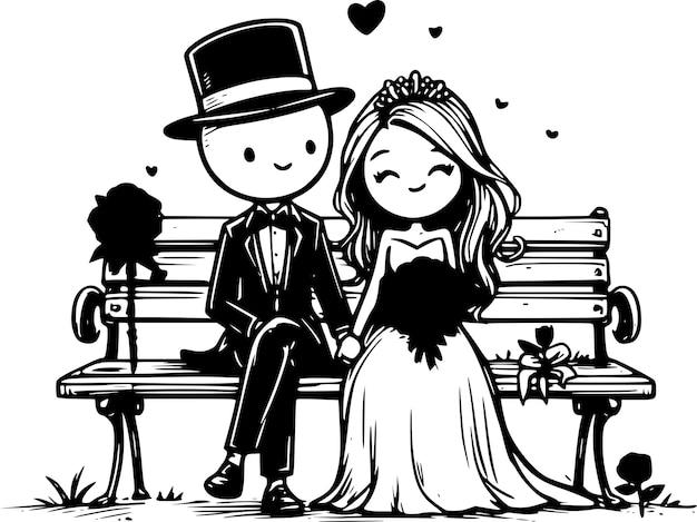 Vector just married sitting on the bench a sweet cartoon of love and togetherness