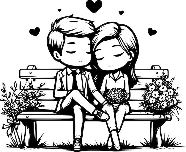 Vector just married sitting on the bench a sweet cartoon of love and togetherness