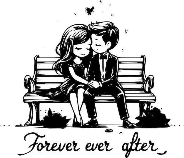 Just Married Sitting on the Bench A Sweet Cartoon of Love and Togetherness