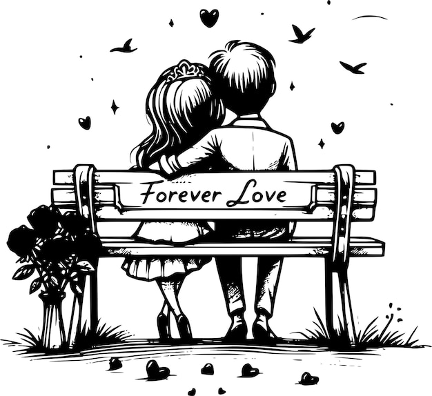 Vector just married sitting on the bench a sweet cartoon of love and togetherness