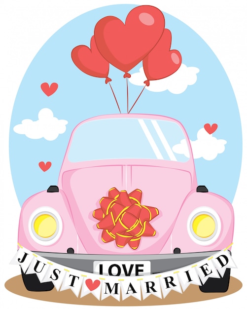 Just Married Wedding Car with love balloon