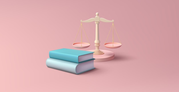 Justice 3d scales with pile of law books equality render illustration balance measure symbol isolate