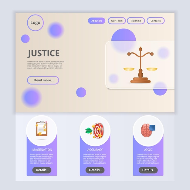 Justice flat landing page website template imagination accuracy logic web banner with header content