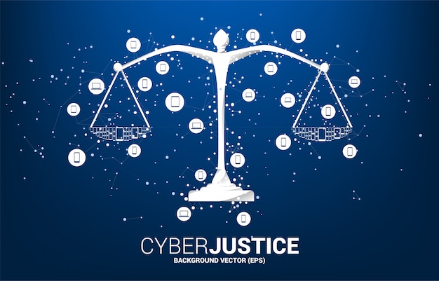 Justice scale with dot and line connection and mobile device icon. 