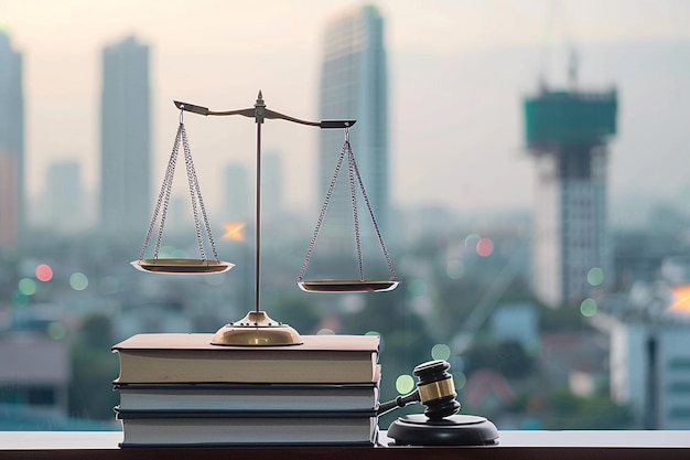 Justice Scales and books and wooden gavel Gavel hammer justice scale and law textbook on table