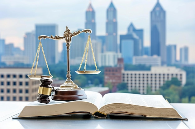 Justice Scales and books and wooden gavel Gavel hammer justice scale and law textbook on table