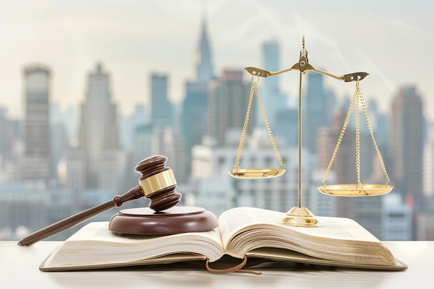 Justice Scales and books and wooden gavel Gavel hammer justice scale and law textbook on table