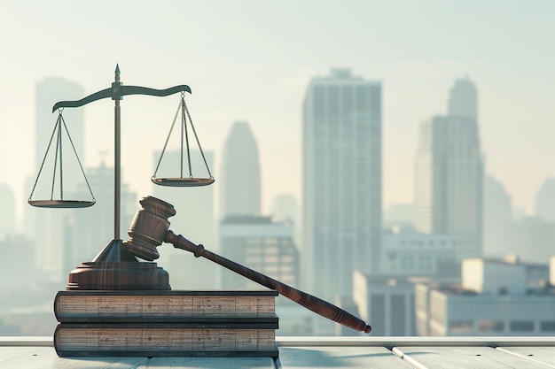 Justice Scales and books and wooden gavel Gavel hammer justice scale and law textbook on table