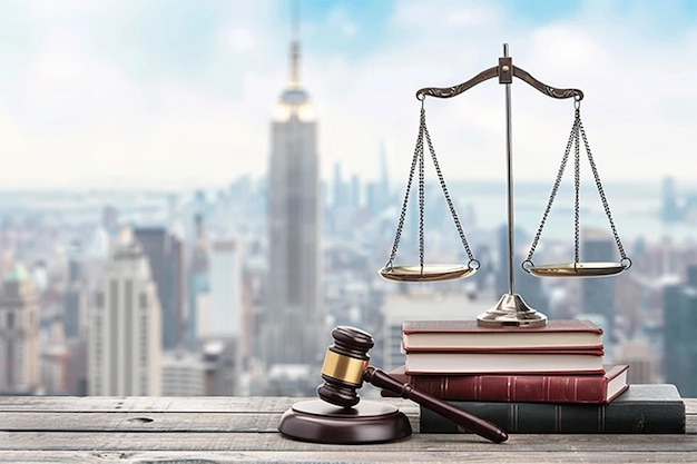 Justice Scales and books and wooden gavel Gavel hammer justice scale and law textbook on table