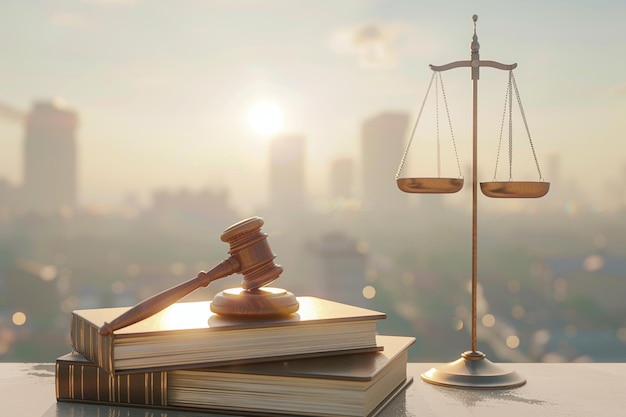 Justice Scales and books and wooden gavel Gavel hammer justice scale and law textbook on table