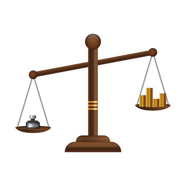 Justice scales icon Law balance symbol Libra flat design with gold money coins