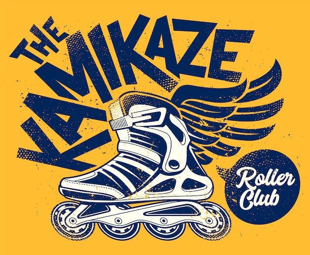 Kamikaze Rolling Club Grunge  with winged roller skate. Dirty grunge  design.