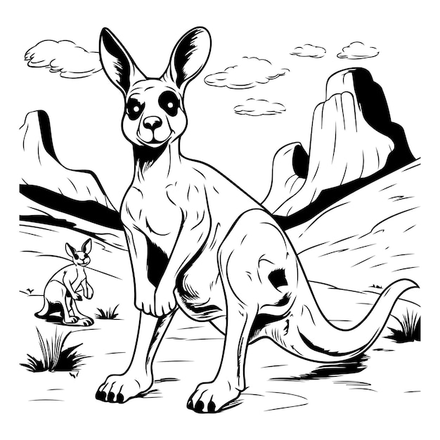 Kangaroo vector illustration black and white version isolated on white