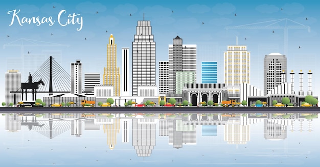 Kansas City Missouri Skyline with Color Buildings, Blue Sky and Reflections. Vector Illustration. Business Travel and Tourism Concept with Modern Architecture. Kansas City Cityscape with Landmarks.