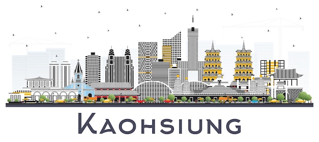 Kaohsiung Taiwan City Skyline with Gray Buildings Isolated on White. Vector Illustration. Business Travel and Tourism Concept with Historic Architecture. Kaohsiung China Cityscape with Landmarks.