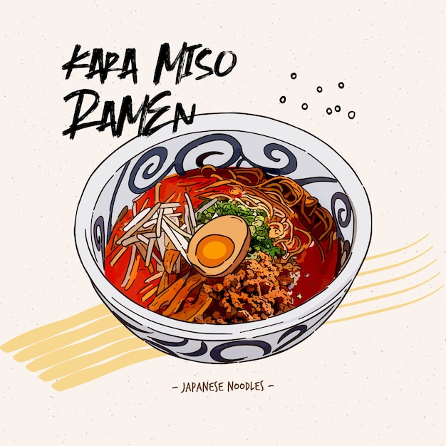 Kara Miso Ramen (spicy Miso Ramen), hand draw sketch  .