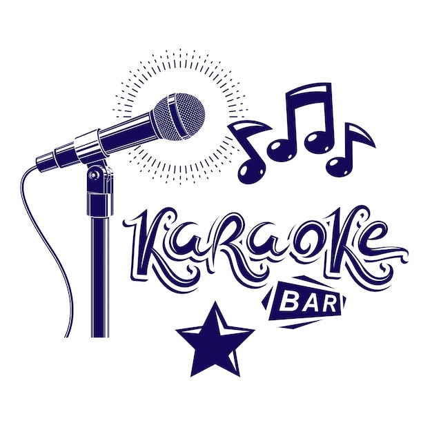 Karaoke bar lettering composed with stage microphone and musical notes, vector illustration. Karaoke bar advertising flyer.