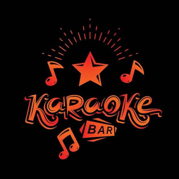 Karaoke bar writing, vector emblem created using musical notes and other design elements. Leisure and relaxation lifestyle presentation