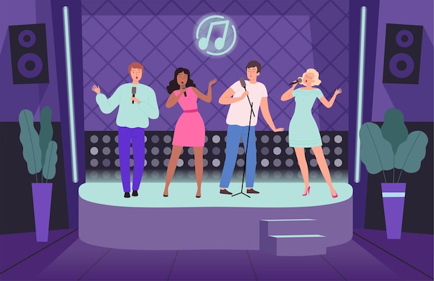 Karaoke club. Performance concert adult people group of singers on music stage vector nightclub background illustrations. Karaoke club music, microphone performance entertainment