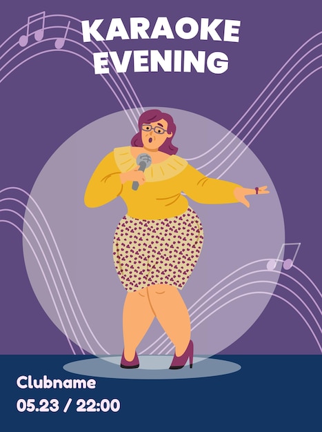 Karaoke evening poster layout with oversize woman flat vector illustration