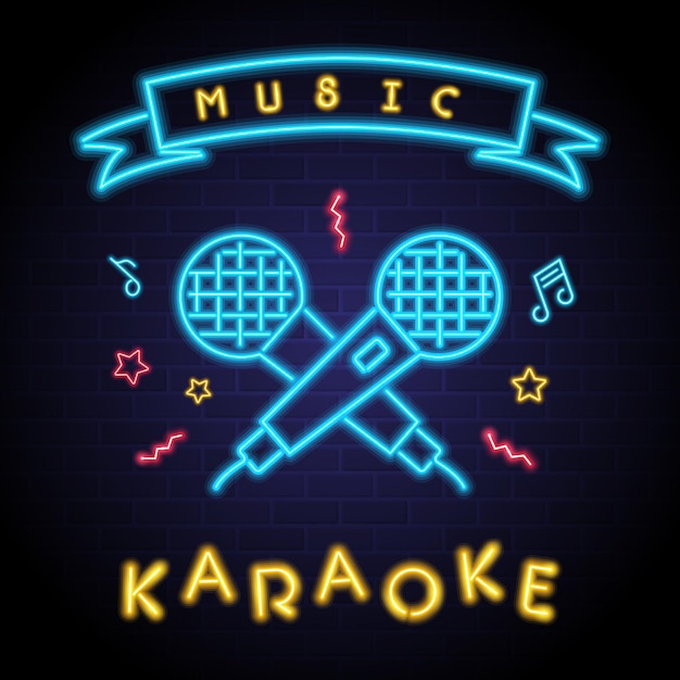 Karaoke music logo with neon light glowing bright illustration