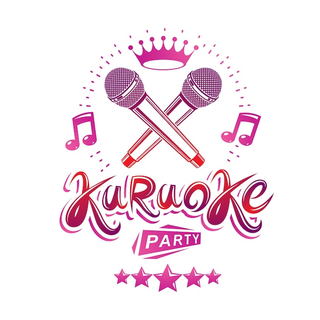 Karaoke party promotion poster design composed using musical notes and 5 pentagonal stars. Rap battle concept, two stage microphones vector illustration.